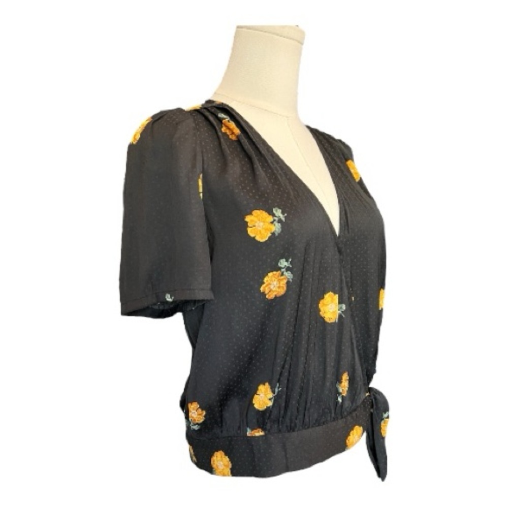 🖤💛 EUC MADEWELL Black & Yellow Floral Short Sleeve Wrap Blouse | Sz S - Picture 3 of 10